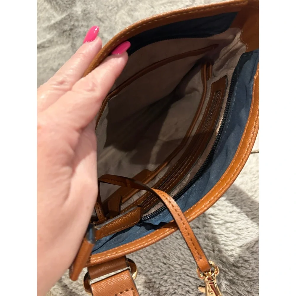 Michael Kors Navy Blue‎ Nylon Crossbody Bag Tan Leather Trim Gold Tone Hardware